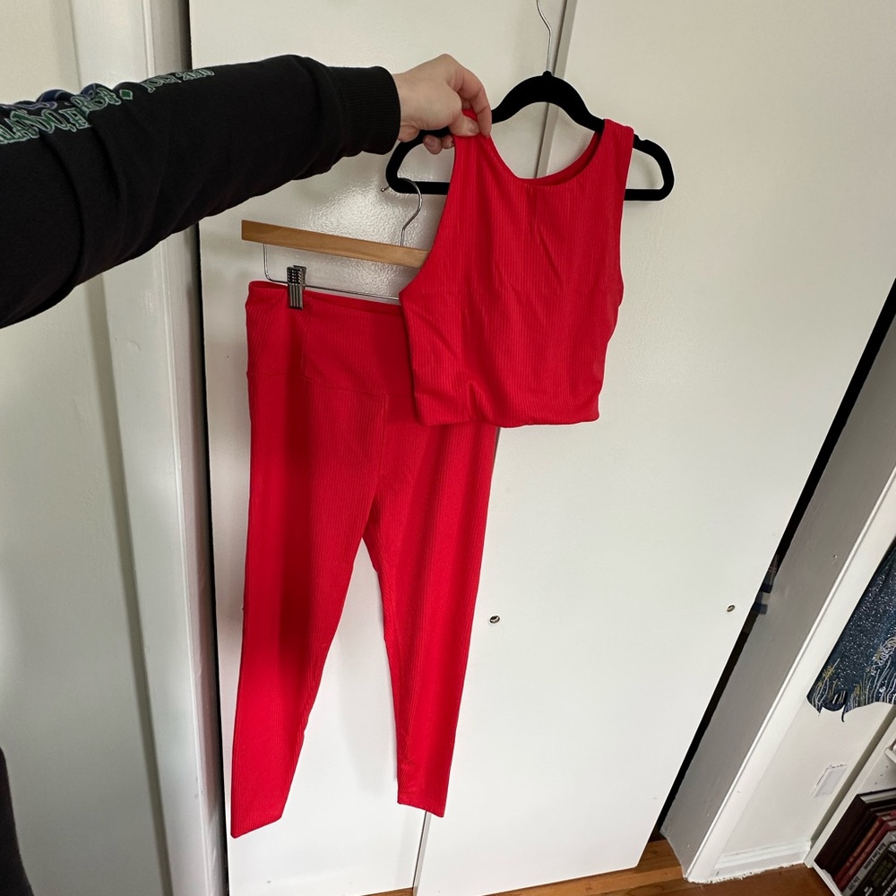 girlfriend collective red rib legging (size M) & tank bra (size S) matching set